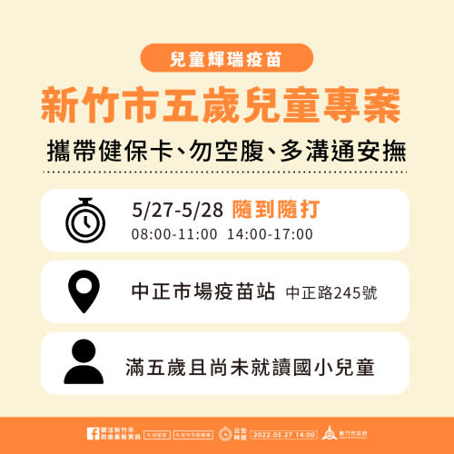 中正市場疫苗施打站於今、明（27、28）日加碼「5歲兒童輝瑞疫苗專案」，提供5至6歲幼兒園及未上小學兒童隨到隨打服務。