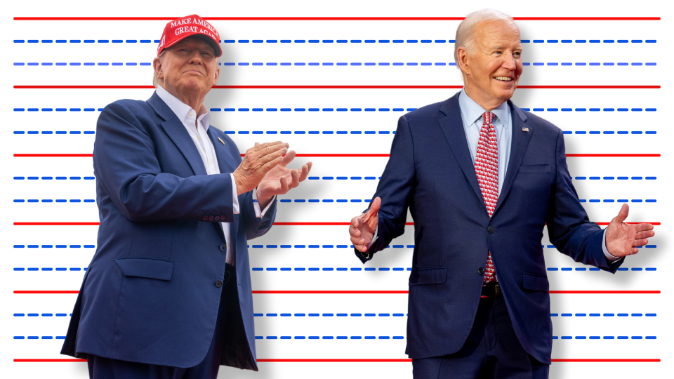 Yahoo Finance photo illustration (Trump photo by Brandon Bell/Getty Images, Biden by Andrew Harnik/Getty Images)