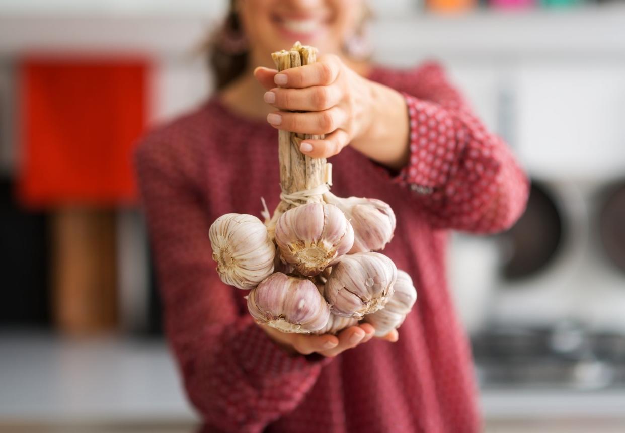 Focus on a batch of garlic heads with a woman holding it with both hands with a blurred background of her purple-pink shirt and kitchen