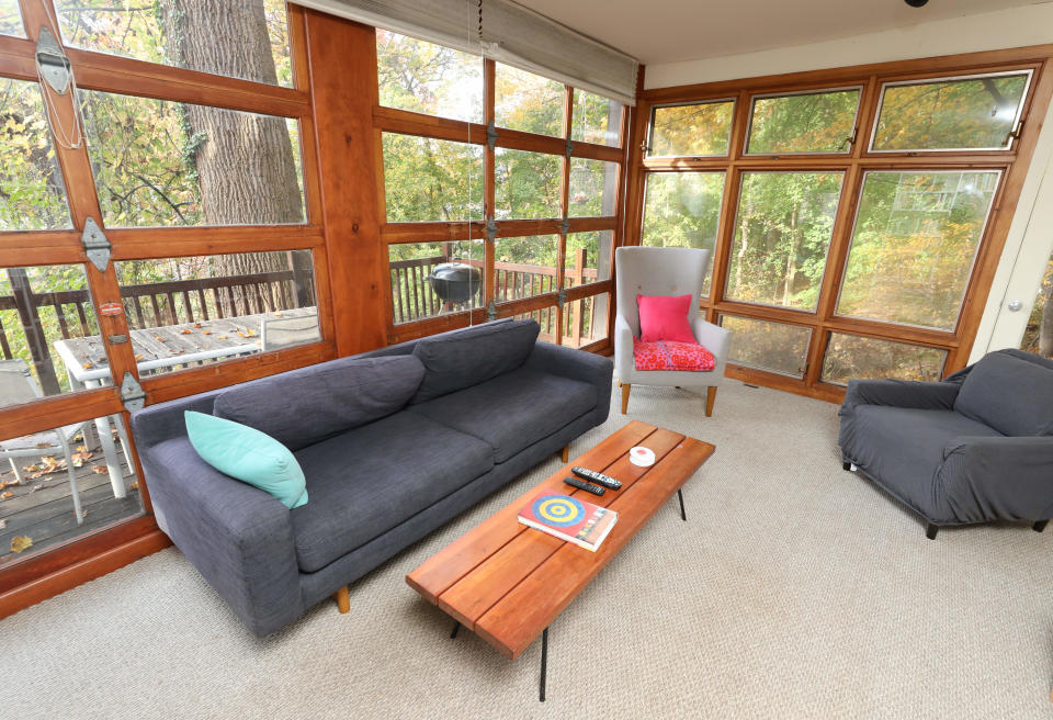 The living room in the former home of artist Jasper Johns in Stony Point, pictured, Oct. 28, 2022.  The home and studio are now owned by Stephanie Gutmann.