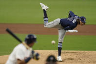 Tampa Bay Rays pitcher Tyler Glasnow pitches to the Houston Astros during the second inning in Game 4 of a baseball American League Championship Series, Wednesday, Oct. 14, 2020, in San Diego. (AP Photo/Gregory Bull)