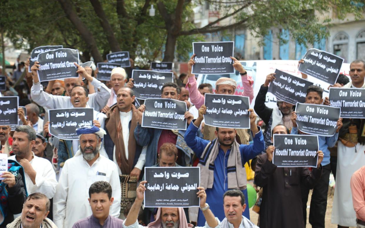 Yemeni demonstrators gather at Freedom Square in the city of Taiz in southwestern Yemen to demand Iran-backed Houthis be listed as a terrorist organization - Anadolu Agency