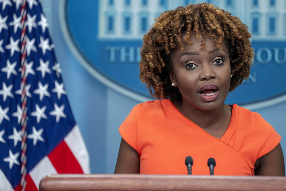 White House press secretary Karine Jean-Pierre, speaks about the first lady Jill Biden's COVID-19 infection during a news briefing in the briefing room of the White House, Tuesday, Sept. 5, 2023, in Washington. (AP Photo/Jacquelyn Martin)