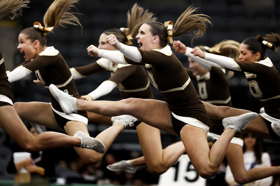 Davis High School competes in the 6A Competitive Cheer Tournament at the UCCU Center at Utah Valley University in Orem on Thursday, Jan. 25, 2023. | Laura Seitz, Deseret News