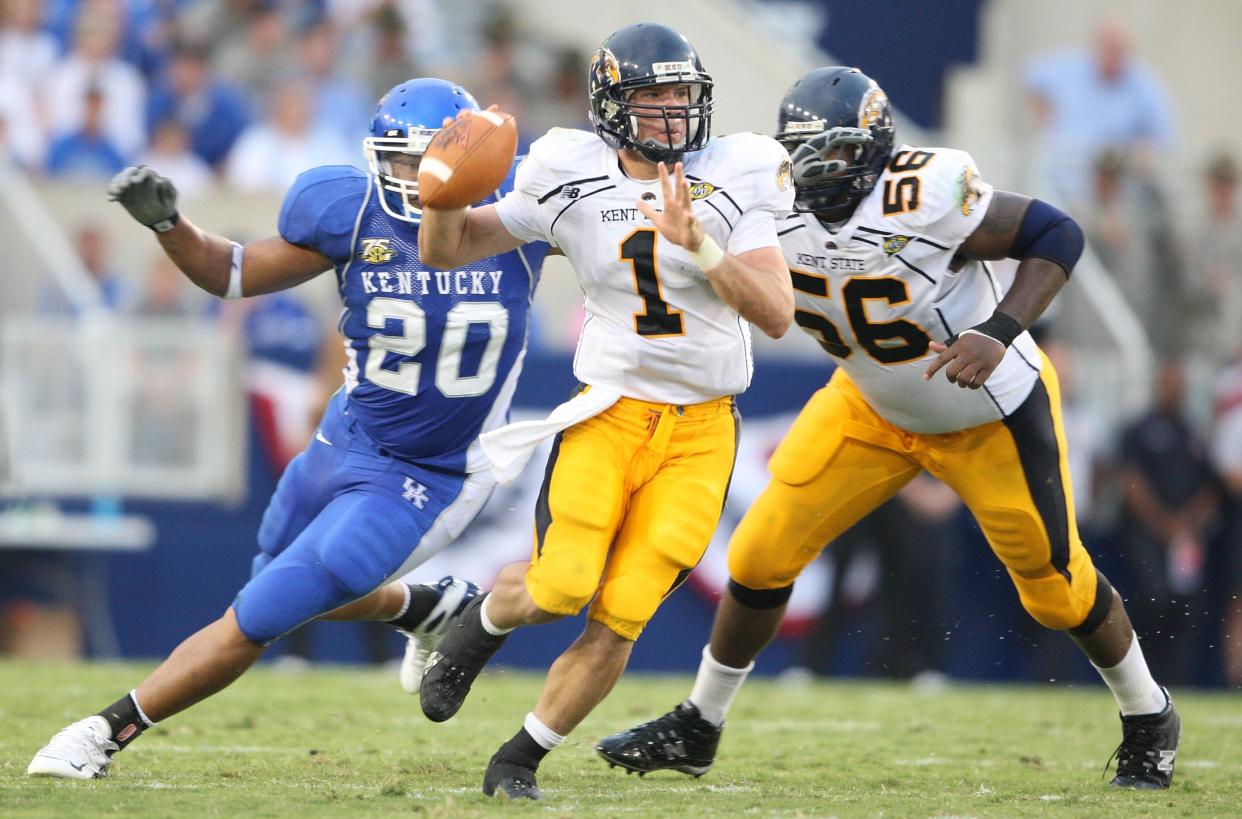 A strong pro day for Julian Edelman, pictured in 2007 as Kent State's QB vs. Kentucky, worked in his favor. (Photo by Andy Lyons/Getty Images)