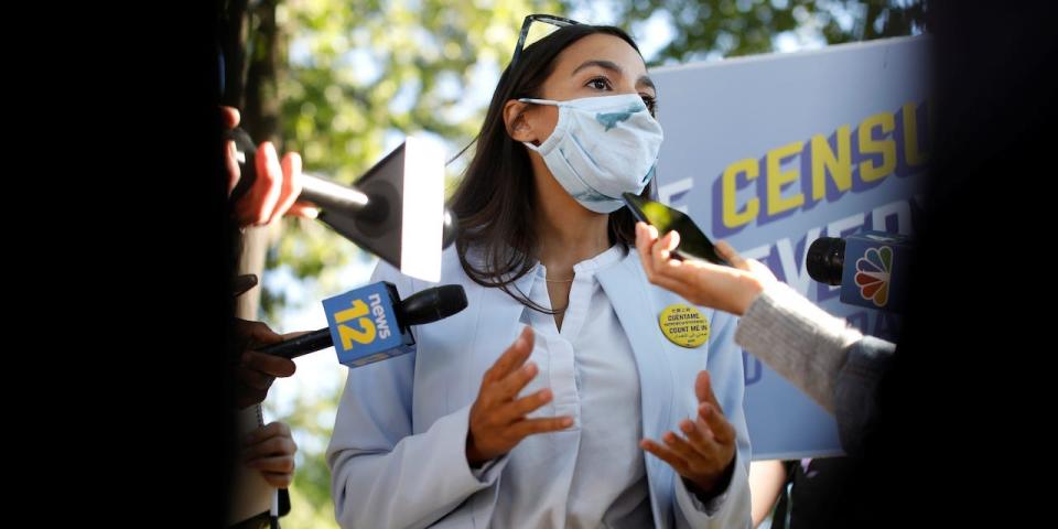 Congresswoman Alexandria Ocasio-Cortez speaks to media during a census outreach event ahead of the census deadline in The Bronx, New York City
