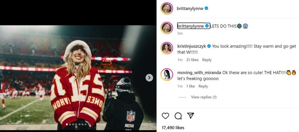 Taylor Swift and Brittany Mahomes wore custom winter coats by fashion designer Kristin Juszczyk, who is married to San Francisco 49ers fullback Kyle Juszczyk.