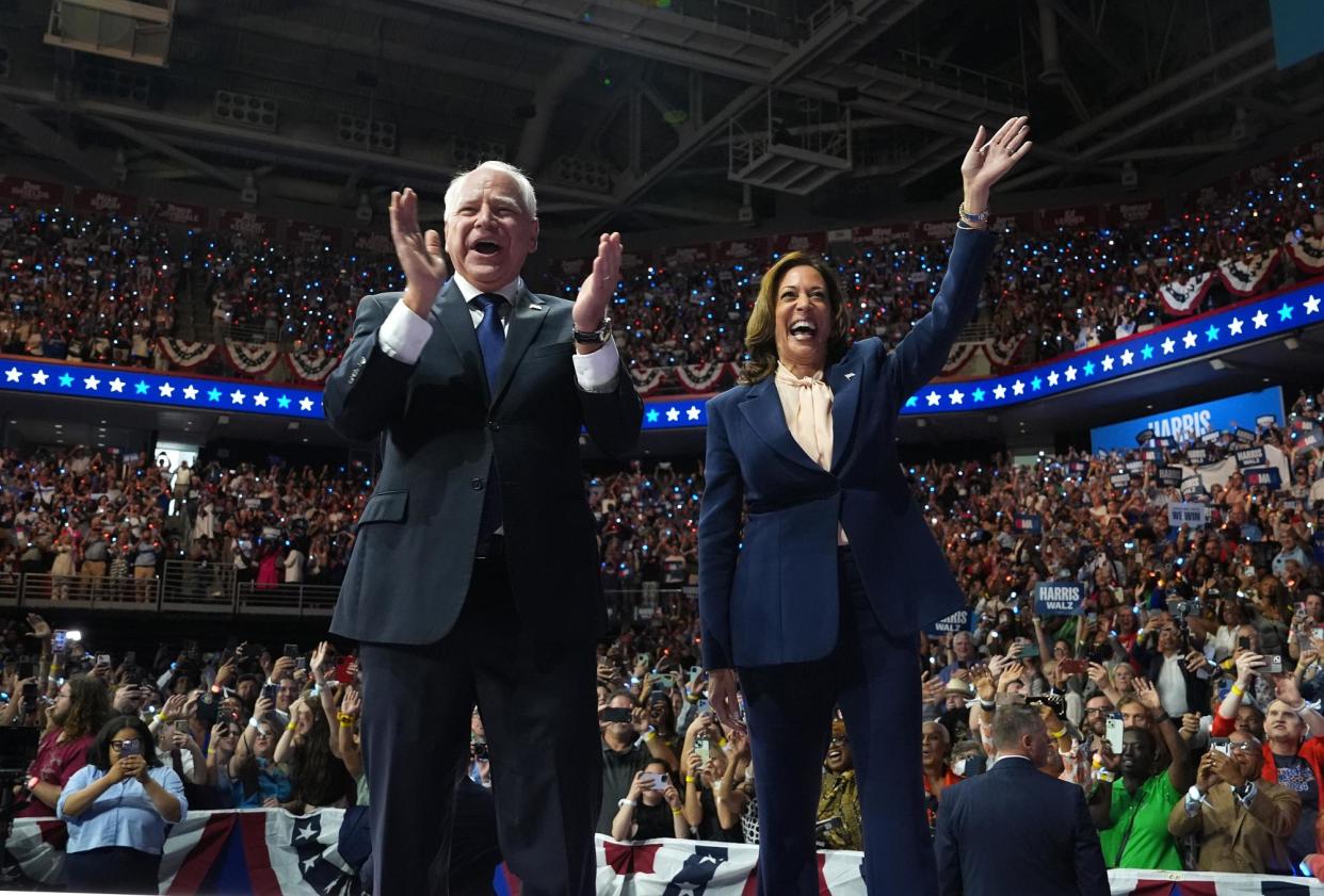 <span>Tim Walz and Kamala Harris make a joint appearance in Philadelphia on Tuesday.</span><span>Photograph: Andrew Harnik/Getty Images</span>