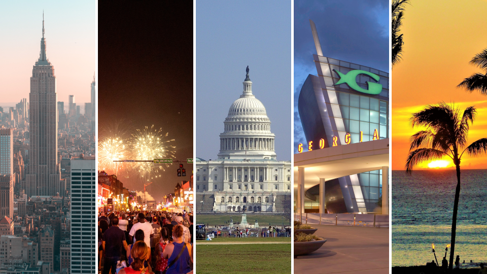 Photo composition showing the cities of New York, Nashville, Washington, Atlanta and Honolulu