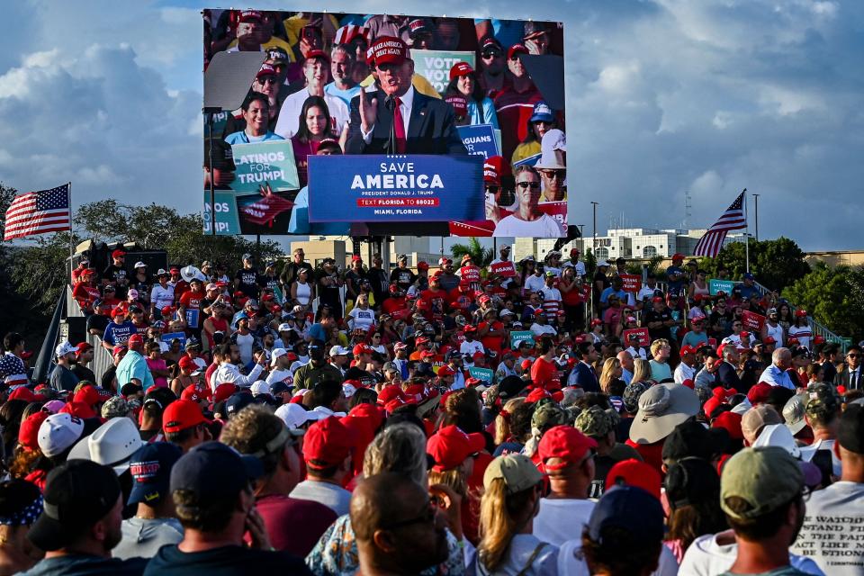 Former President Donald Trump speaks during a "Save America" rally in support of Sen. Marco Rubio, R-Fla., ahead of the midterm elections at Miami-Dade County Fair and Exposition in Miami, Florida, on Nov. 6, 2022.