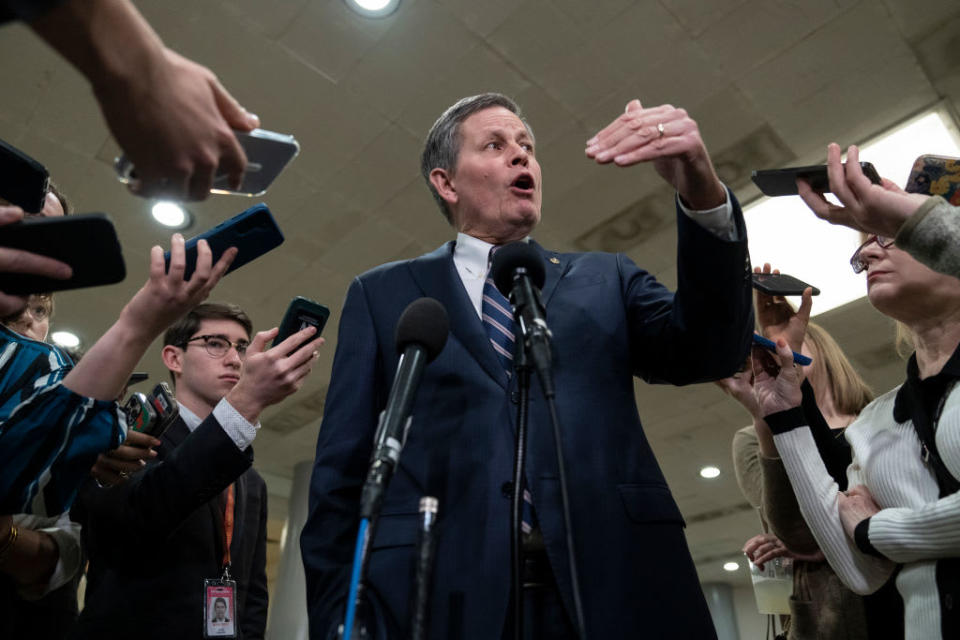 Sen. Steve Daines (R-MT) speaks to reporters.