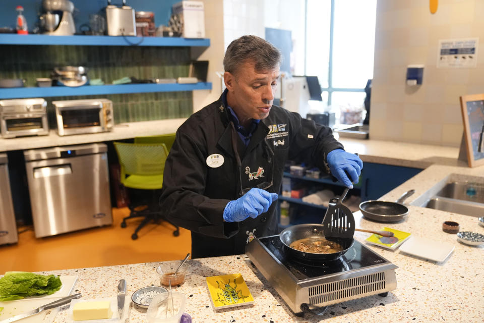 Zach Lemann, curator of animal collections for the Audubon Insectarium, prepares cicadas for eating at the insectarium in New Orleans, Wednesday, April 17, 2024. The insectarium plans to demonstrate ways to cook cicadas at the little in-house snack bar where it already serves other insect dishes. (AP Photo/Gerald Herbert)