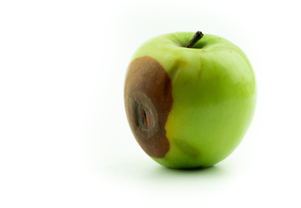 rotten green apple on white background