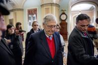 Senate Majority Leader Mitch McConnell of Ky., walks to the Senate Chamber, Monday, Dec. 16, 2019, on Capitol Hill in Washington. (AP Photo/Andrew Harnik)