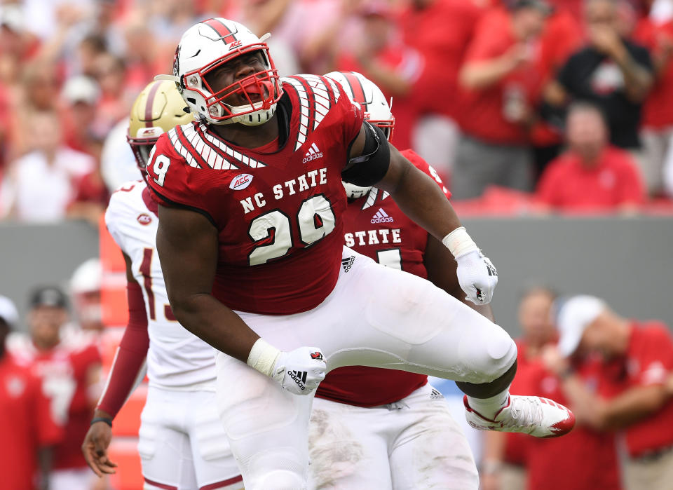 North Carolina State NT Alim McNeill (No. 29) showed steady improvement over his career and has surprising athhleticism. (Photo by Grant Halverson/Getty Images)