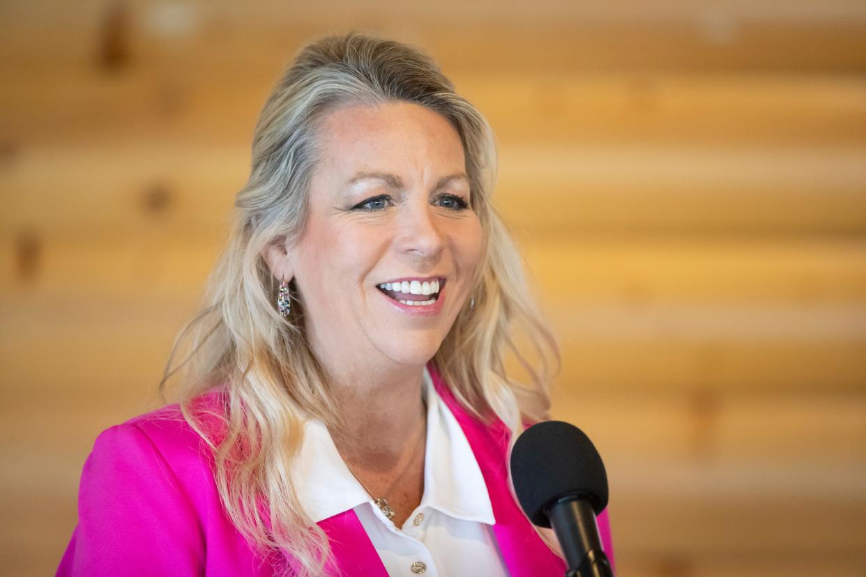 Amy Ryan Courser, a candidate for Oregon’s 4th Congressional District, speaks during a candidate forum held by the city clubs of Eugene and Springfield in Glenwood Friday, April 12, 2024.