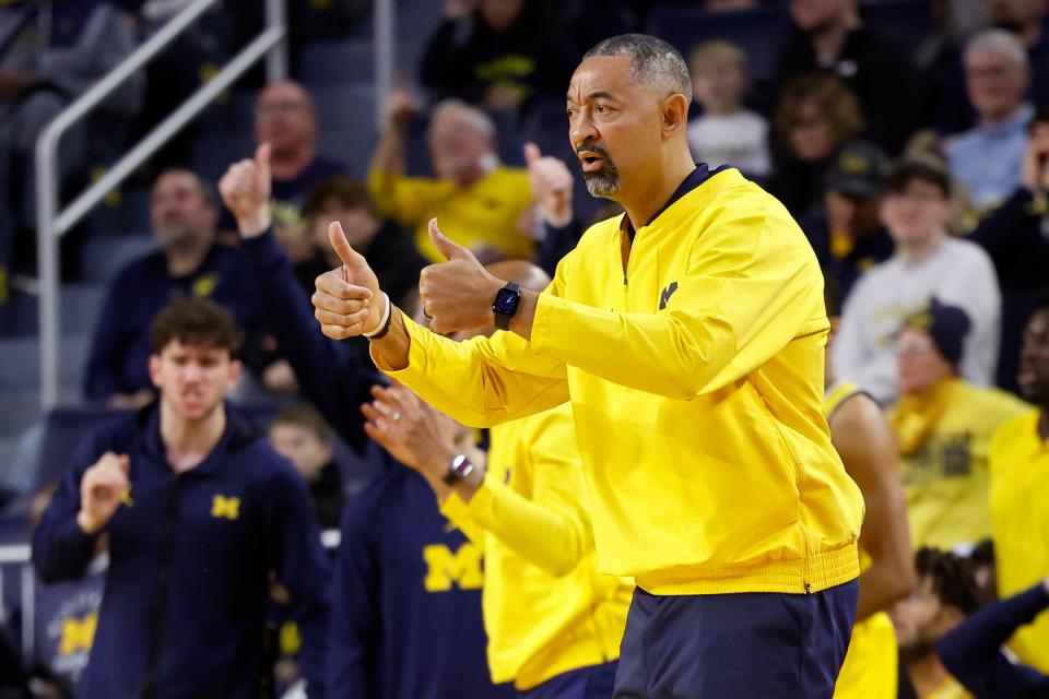 Michigan Wolverines head coach Juwan Howard reacts in the first half against the Wisconsin Badgers at Crisler Center on Wednesday, Feb. 7, 2024, in Ann Arbor, Michigan.