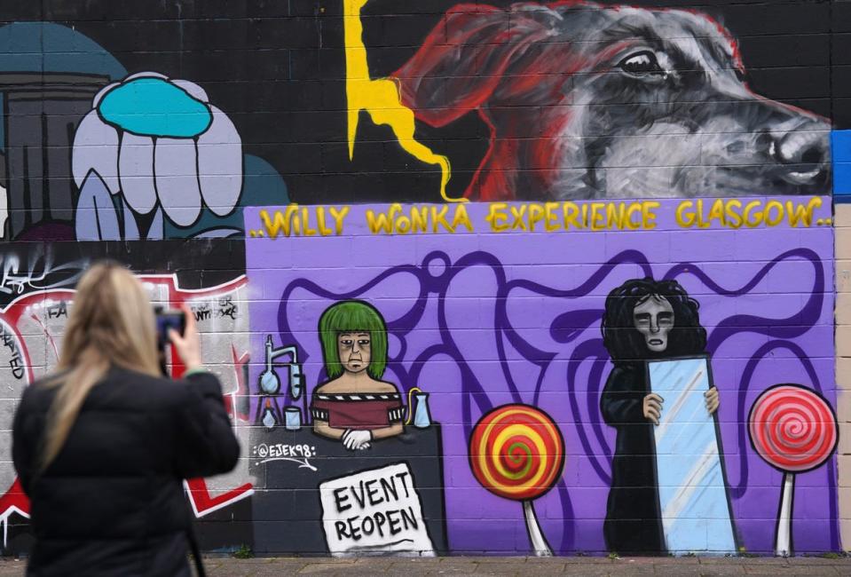 A mural by artist Ejek on Clyde Street, Glasgow, which pays tribute to the disastrous Willy Wonka Experience (Andrew Milligan/PA Wire)