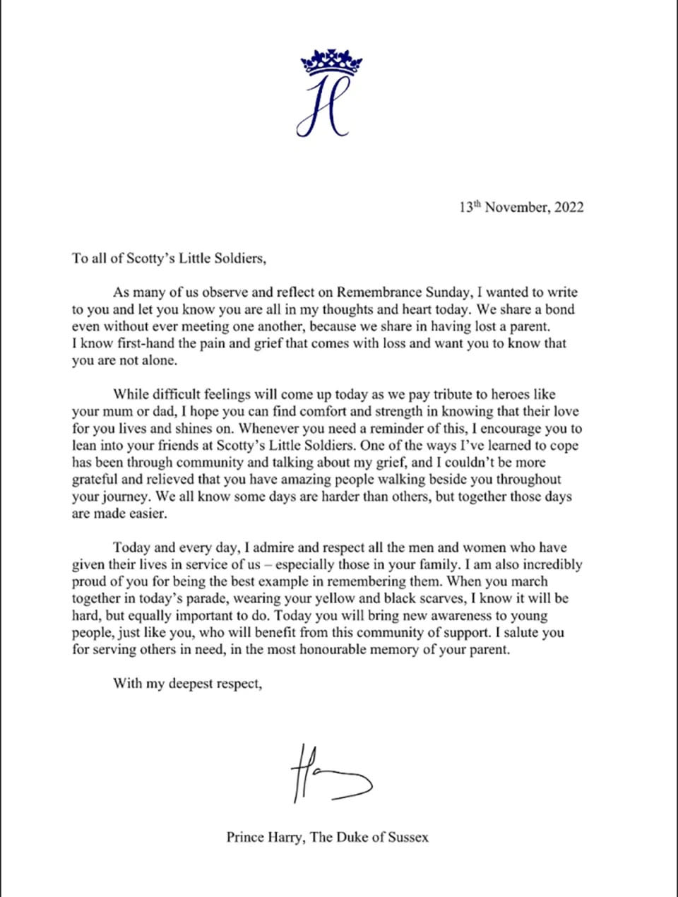 Der Herzog von Sussex schrieb einen Brief an Mitglieder von Scotty&#x002019;s Little Soldiers, einer gemeinn&#xfc;tzigen Organisation f&#xfc;r trauernde Kinder und Jugendliche der britischen Streitkr&#xe4;fte. Foto: Scotty&#x002019;s Little Soldiers.