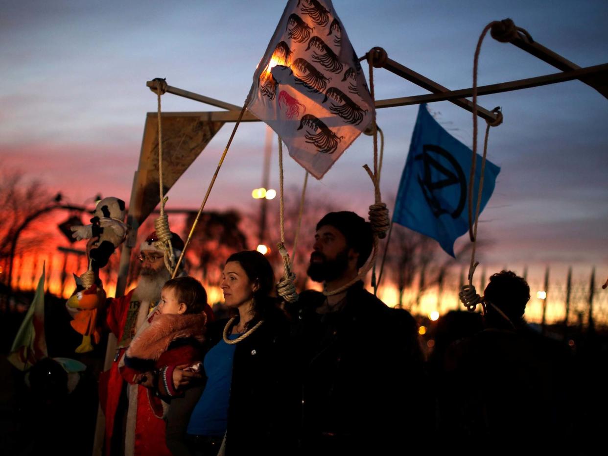 Activist protest outside of the COP25 climate talks congress in Madrid: AP