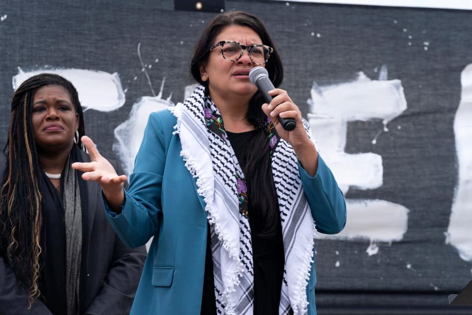 Rep. Rashida Tlaib, D-Mich., speaks during a rally at the National Mall during a pro-Palestinian demonstration in Washington, Friday, Oct. 20, 2023.
