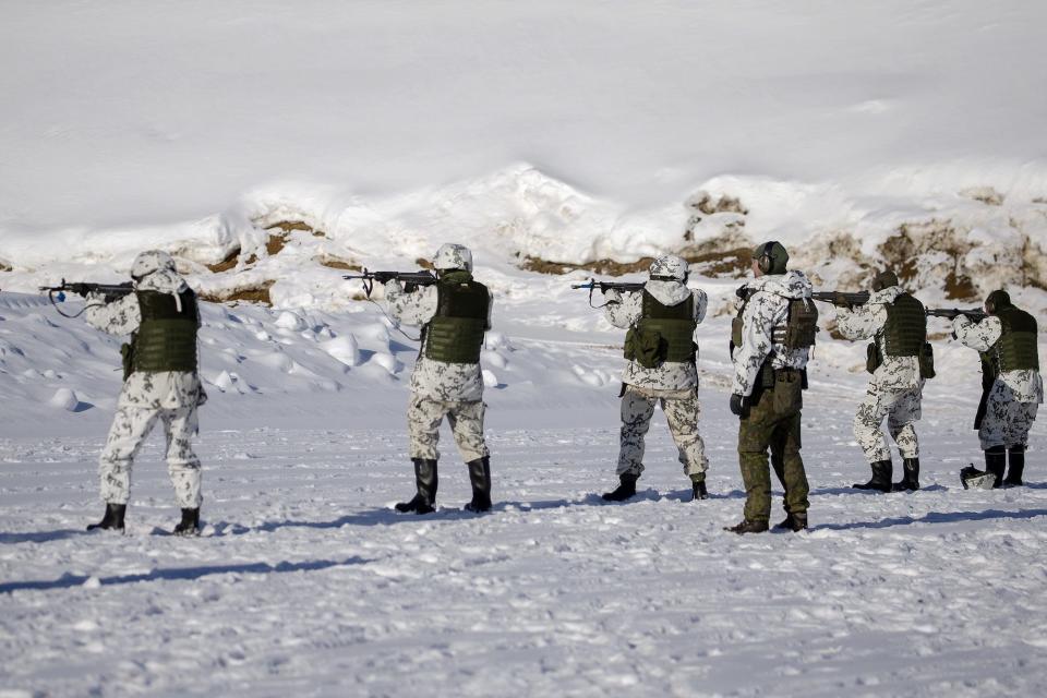 Reservists from Finland's Karelia Brigade during a local defence exercise in Taipalsaari, Finland, in March 2022.