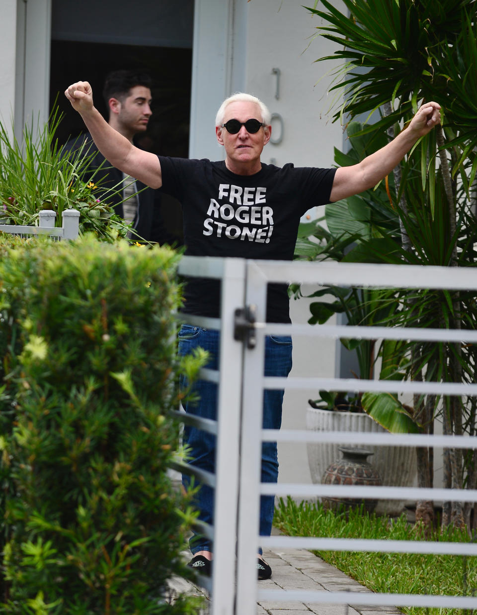 Roger Stone makes an appearance outside his house wearing a Free Roger Stone T-Shirt on July 12, 2020 in Fort Lauderdale, Florida. Stone, a longtime friend and advisor to U.S. President Donald Trump, recently had his prison sentence commuted by the president. Stone was convicted on seven felony charges including witness tampering and making false statements.