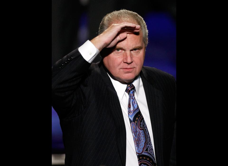 LAS VEGAS - JANUARY 27:  Radio talk show host and conservative commentator Rush Limbaugh salutes as he is introduced as a judge before a preliminary competition for the 2010 Miss America Pageant at the Planet Hollywood Resort & Casino January 27, 2010 in Las Vegas, Nevada. The pageant will be held at the resort on January 30, 2010.  (Photo by Ethan Miller/Getty Images)