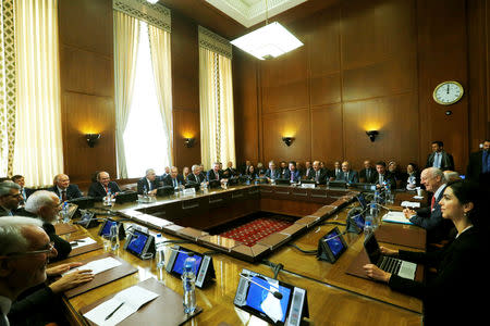 United Nations Special Envoy for Syria Staffan de Mistura meets with Russian Foreign Minister Sergei Lavrov, Turkish Foreign Minister Mevlut Cavusoglu and Iranian Foreign Minister Mohammad Javad Zarif on forming a constitutional committee in Syria at the United Nations in Geneva, Switzerland, December 18, 2018. REUTERS/Denis Balibouse