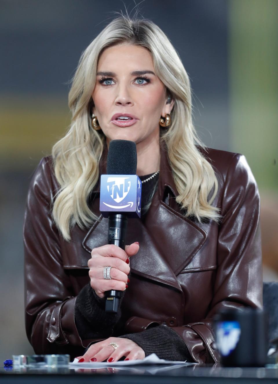 Nov 2, 2023; Pittsburgh, Pennsylvania, USA; Prime Video's Thursday Night Football host Charissa Thompson performs the pre-game show before the Pittsburgh Steelers host the Tennessee Titans at Acrisure Stadium. Mandatory Credit: Charles LeClaire-USA TODAY Sports