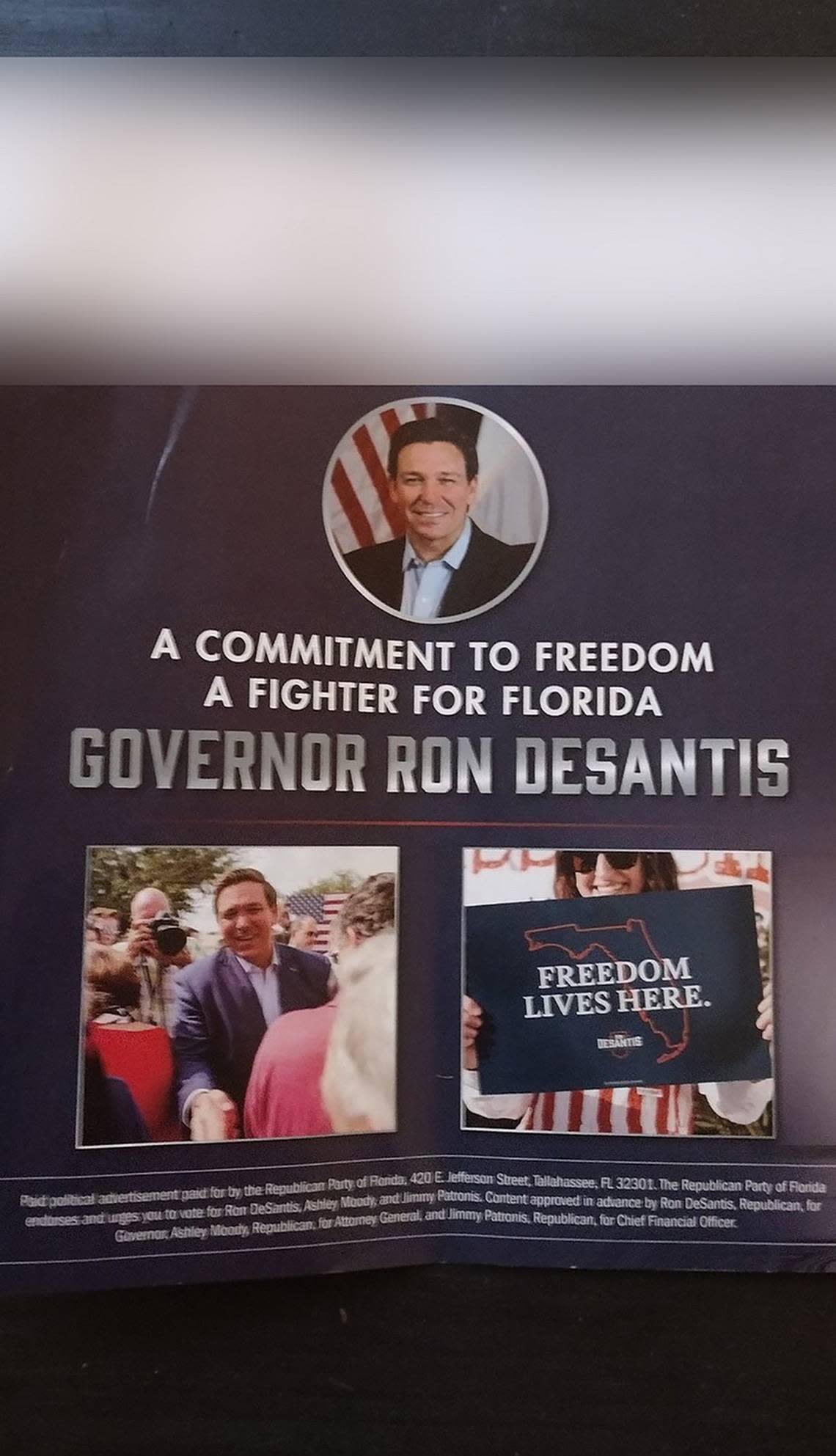 Mailer supporting Florida Gov. Ron DeSantis sent to a voter in Texas from the Republican Party of Florida.