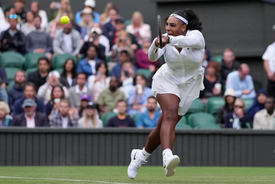 Serena Williams of the US returns to France's Harmony Tan (AP)