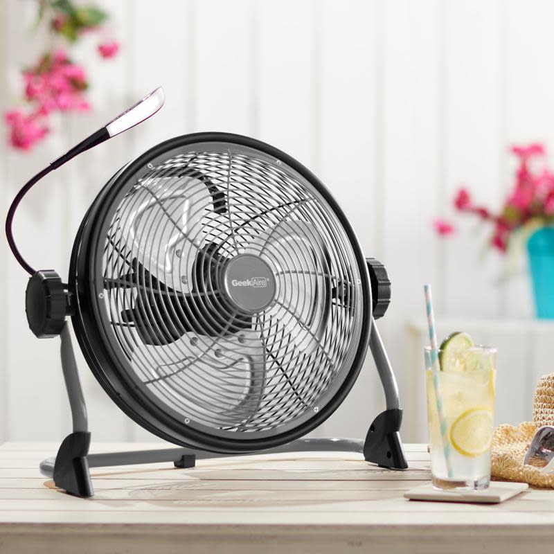 TheGeek Aire 12" Rechargeable Water-Resistant Fan with LED Light comes in grey or yellow.