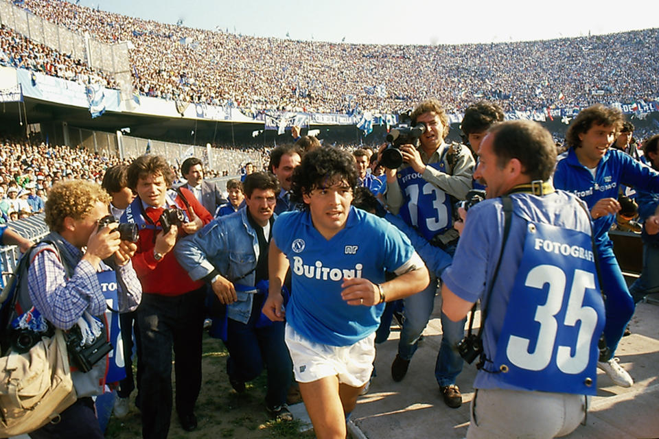 This image released by HBO shows soccer star Diego Maradona in a scene from "Maradona." Constructed from over 500 hours of footage, the documentary centers on the career of celebrated football player Maradona, who played for S.S.C. Napoli in the 1980s. (HBO via AP)