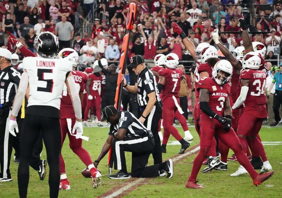 Arizona Cardinals safety Budda Baker (3) reacts after Arizona stopped the Atlanta Falcons on a fourth down play in the fourth quarter at State Farm Stadium on Nov. 12, 2023, in Glendale.