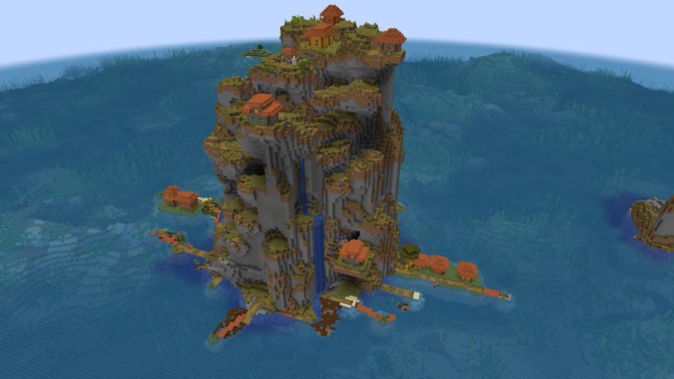 Minecraft seeds - a towering savannah island peppered with villager houses