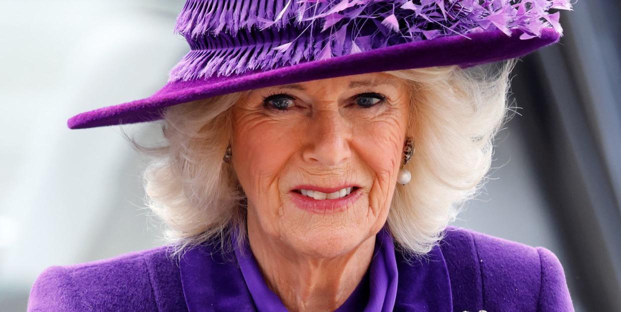 camilla queen consort wearing a purple feathered hat and purple coat