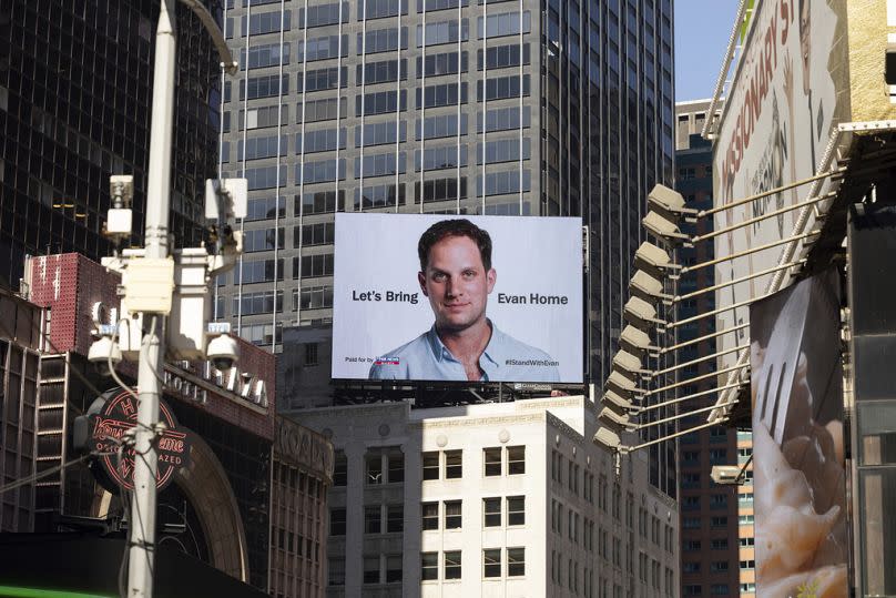 A billboard calling for release of Wall Street Journal reporter Evan Gershkovich in Times Square, New York, on the one-year anniversary of his imprisonment in Russia.