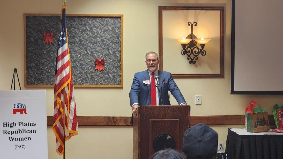 Kevin Sparks, the newly elected state senator for District 31 speaks to attendees Tuesday at the High Plains Republican Women's monthly meeting in Amarillo.