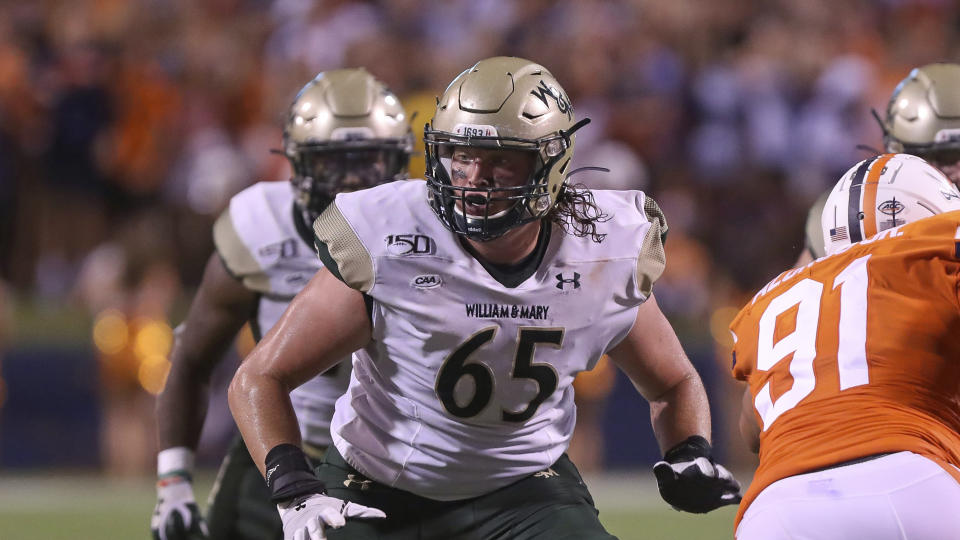 William & Mary offensive lineman Colby Sorsdal (65) during an NCAA college football game in Charlottesville, Va., Friday, Sept. 6, 2019. Virginia defeated William & Mary 51-17. (AP Photo/Andrew Shurtleff)