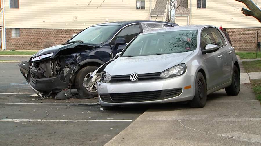 Two crashed vehicles the day after a deadly shooting at Interfaith Homes in Kalamazoo. (April 10, 2024)