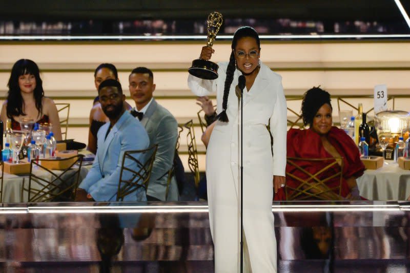 Oprah Winfrey speaks onstage during the Primetime Emmy Awards at the Microsoft Theater in Los Angeles in 2022. File Photo by Mike Goulding/UPI