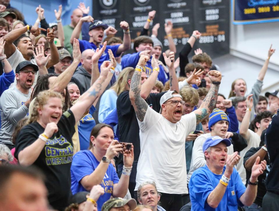 Golden Knights fans cheer as Sussex Central's Malachi Stratton wins a 3-2 decision against Sussex Tech's Anthony Andrews to take the state title at 120 pounds during the DIAA individual wrestling championships, Saturday, March 2, 2024 at Cape Henlopen High School.