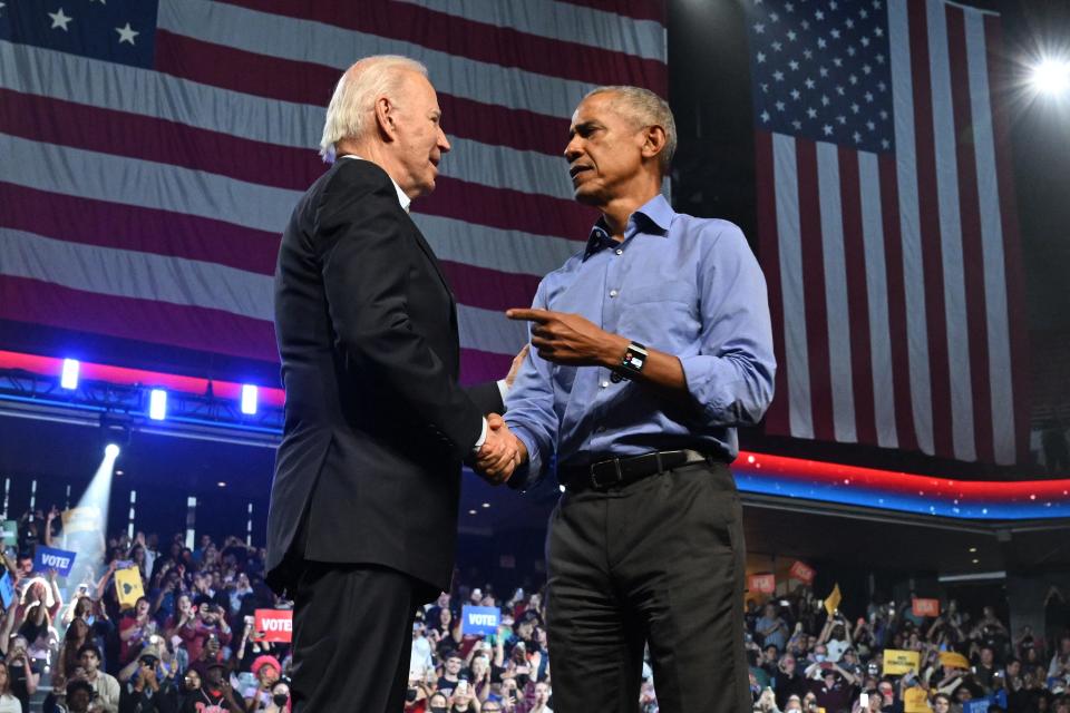 President Barack Obama and US President Joe Biden participate in a rally in support of Democratic US Senate candidate John Fetterman in Philadelphia, Pennsylvania, on November 5, 2022.