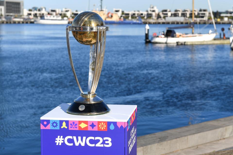 The ICC Men's Cricket World Cup trophy can be seen in front of the Melbourne skyline during an ICC World Cup Media Opportunity at Newquay Promenade, Docklands on July 17, 2023 in Melbourne, Australia.