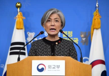 FILE PHOTO: South Korean Foreign Minister Kang Kyung-Wha speaks before a briefing of a special task force for investigating the 2015 South Korea-Japan agreement over South Korea's