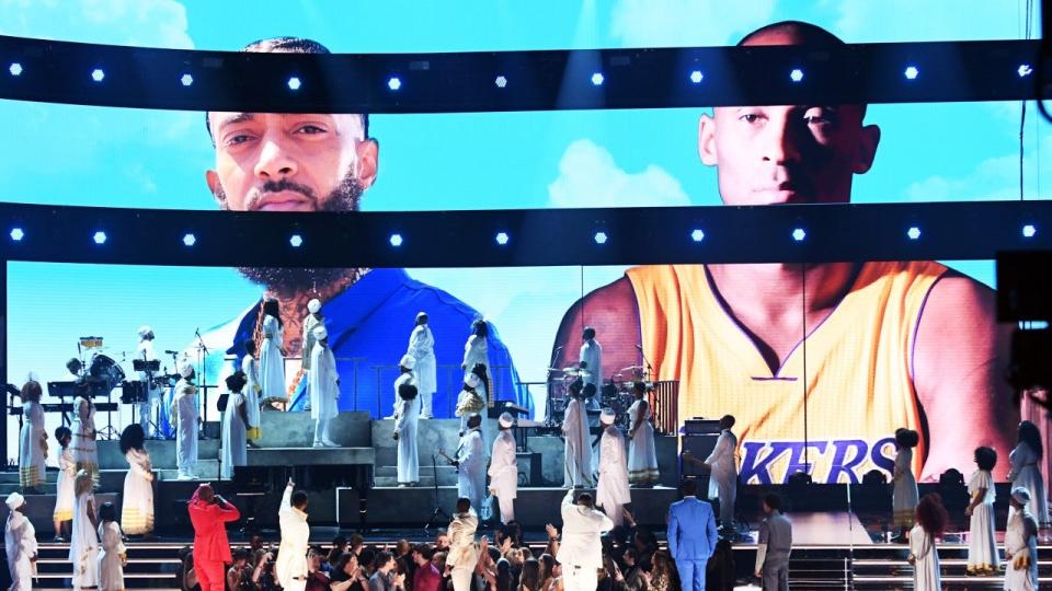 The late rapper was honored with a star-studded tribute at Sunday's ceremony, just hours after the tragic news of Kobe Bryant's death.