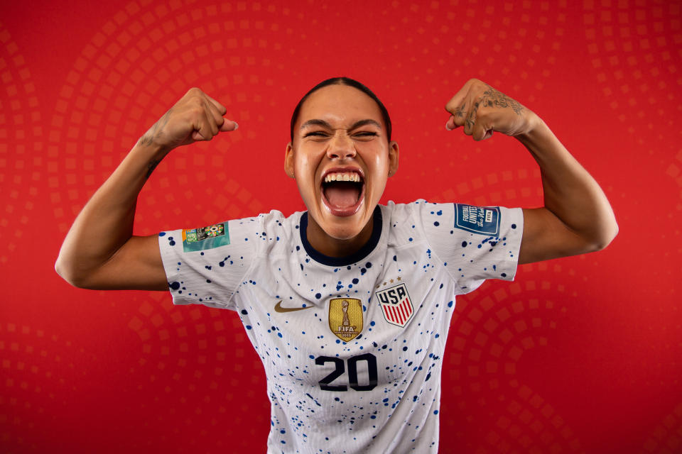 AUCKLAND, NOVA ZELÂNDIA - 17 DE JULHO: Trinity Rodman dos EUA posa para um retrato durante a sessão oficial da Copa do Mundo Feminina da FIFA Austrália-Nova Zelândia de 2023 em 17 de julho de 2023 em Auckland, Nova Zelândia.  (Foto de Hannah Peters - FIFA/FIFA via Getty Images)