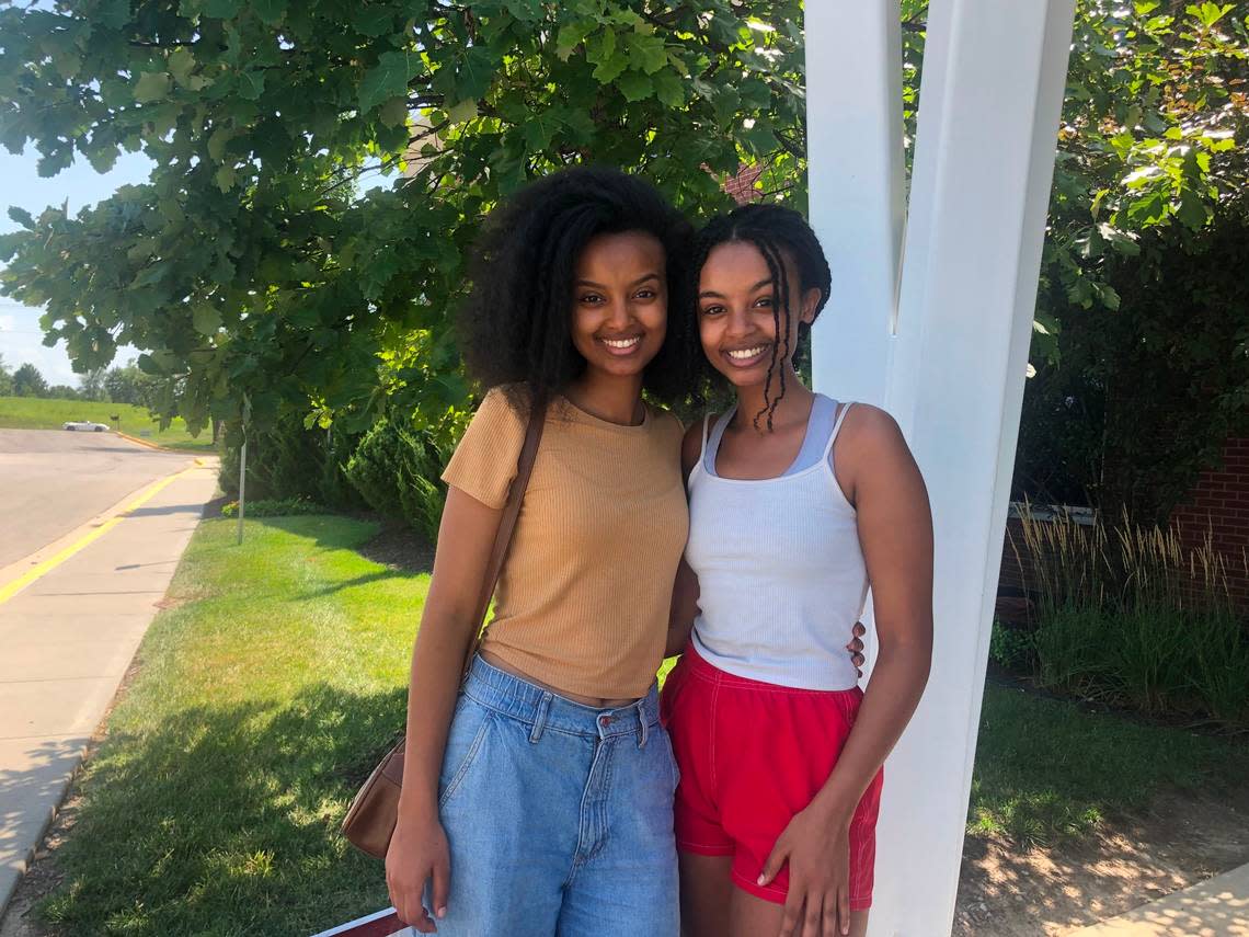 Shewit Abai, 19, at left, put herself on the ballot for Democratic committeewoman in Olathe. She was joined Tuesday by first-time voter Lydia Abai, 18, at Christ Community Church, 20600 W. 119th St.