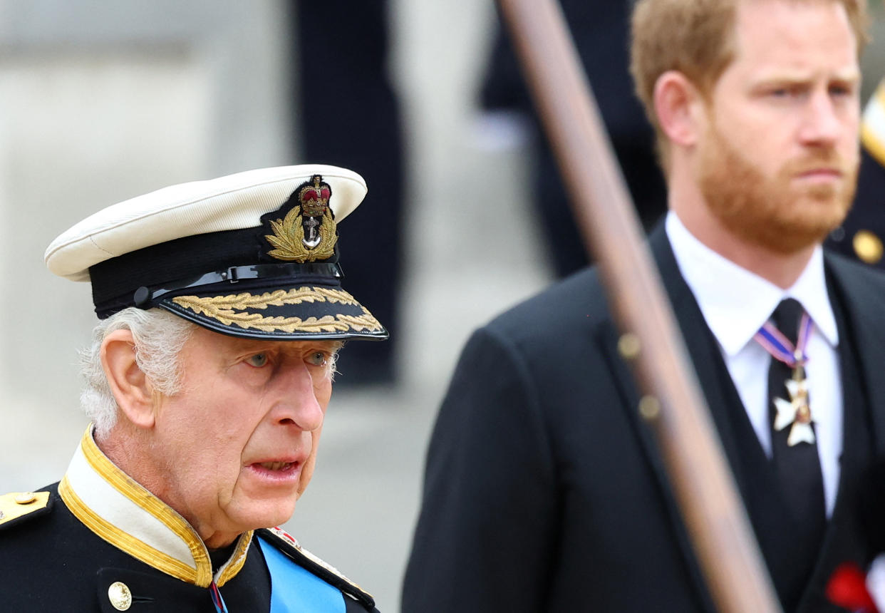 Britain's King Charles and Britain's Prince Harry, Duke of Sussex attend the state funeral and burial of Britain's Queen Elizabeth, in London, Britain, September 19, 2022.  REUTERS/Hannah McKay/Pool